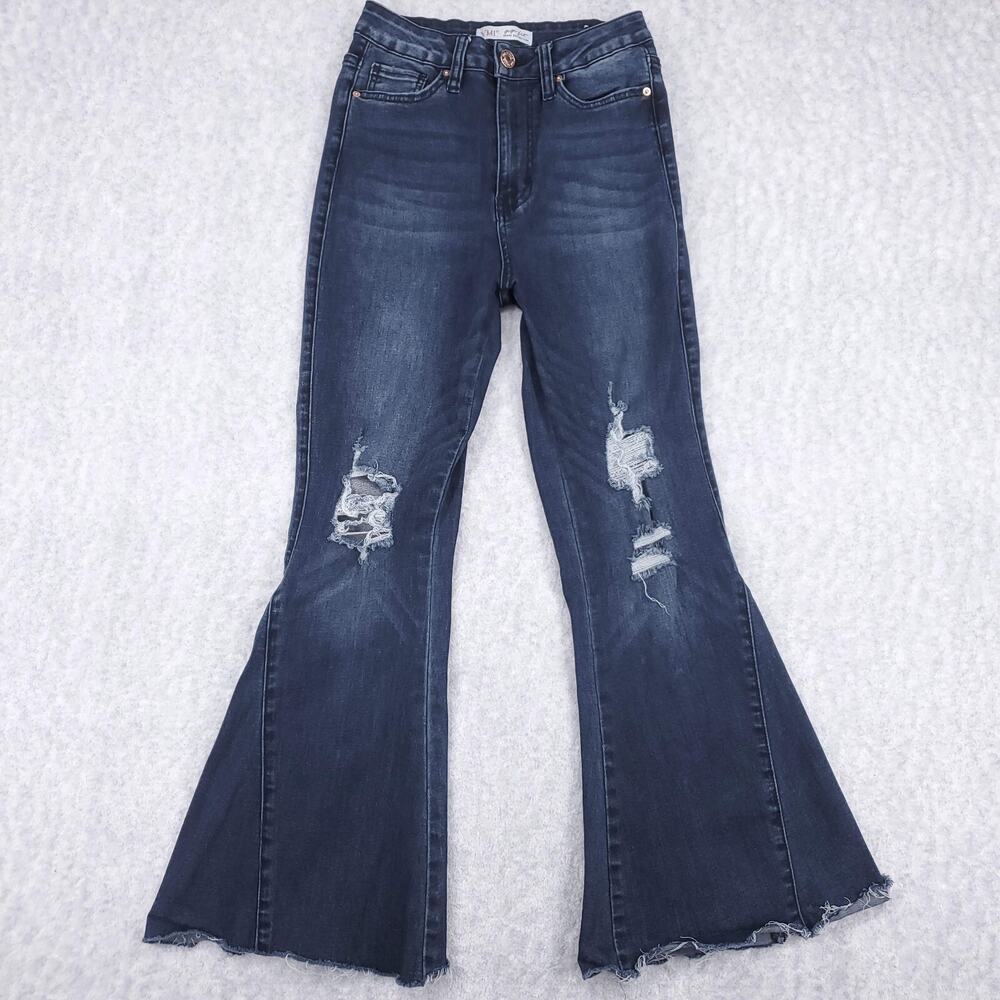 YMI Gigi Fit Jeans Womens 5/27 Dark Wash Blue Distressed Bell Bottoms Hippie 70s
